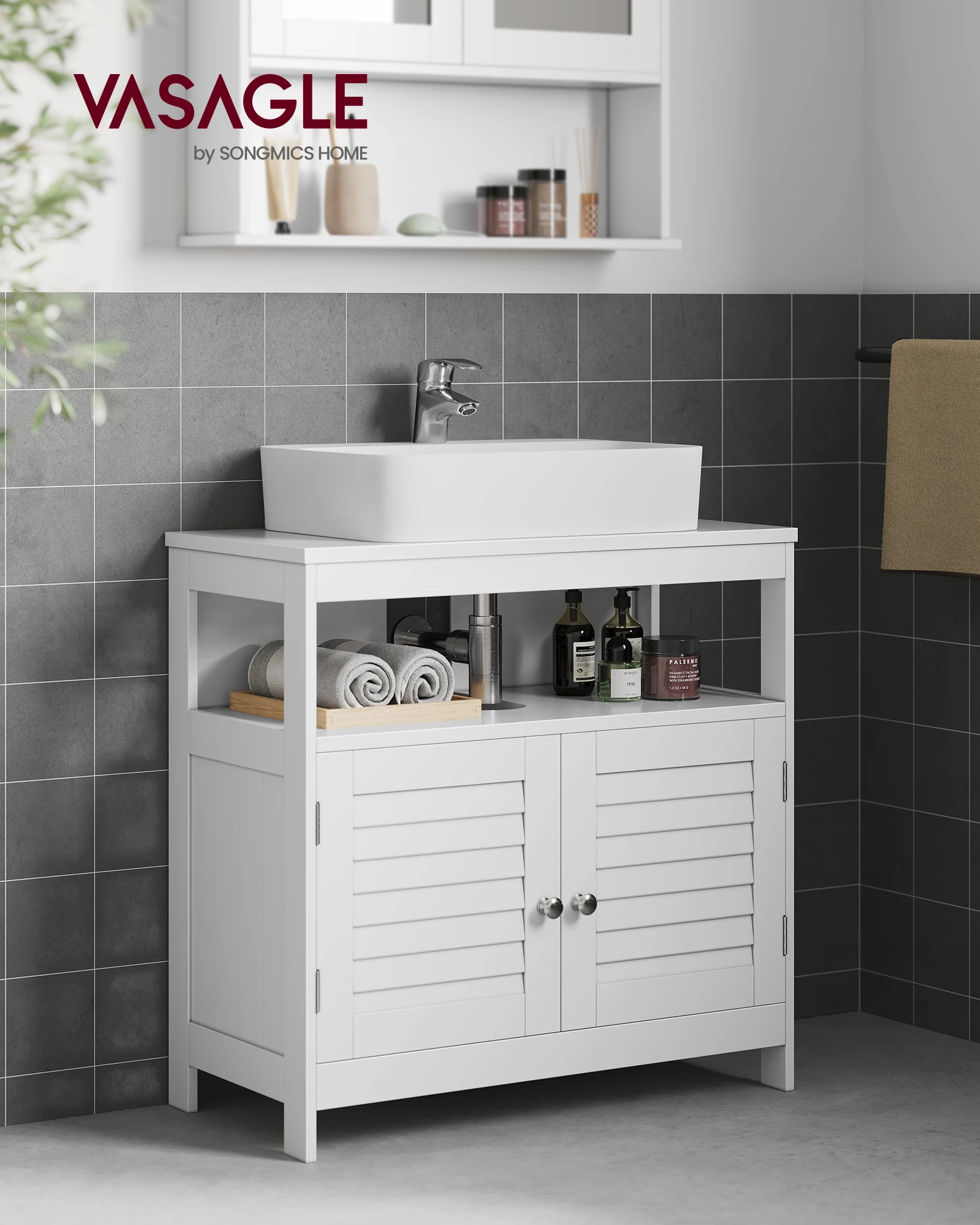 Meuble sous vasque, Meuble de rangement salle de bains, 2 volets 2 casiers Anti-humidité 60 x 30 x 60 cm Blanc