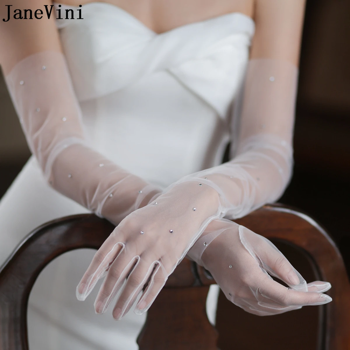 Janevini ivory-女性用の豪華な真珠のウェディンググローブ,ファッショングローブ,ブライダルアクセサリー,チュール,68cm