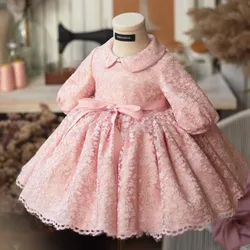 2025 New Spring Flower Girls Wedding Princess Ball Gown Children Cute Bow Design Long Sleeve Birthday Party Dress y1465