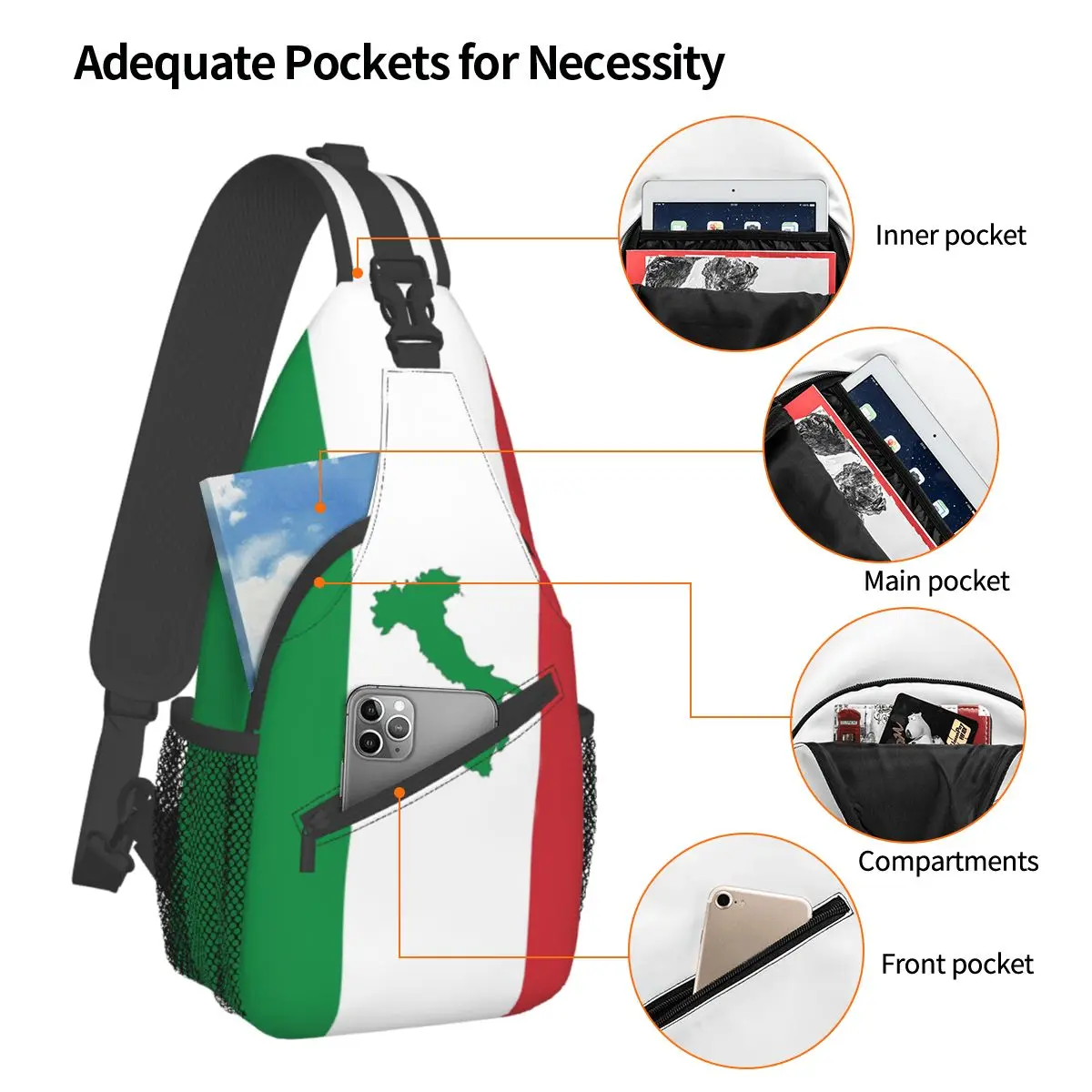 Estilingue crossbody bandeira italiana, bolsa de peito, mochila de ombro, mochila para caminhadas, viagem, mochila esportiva, moda italiana