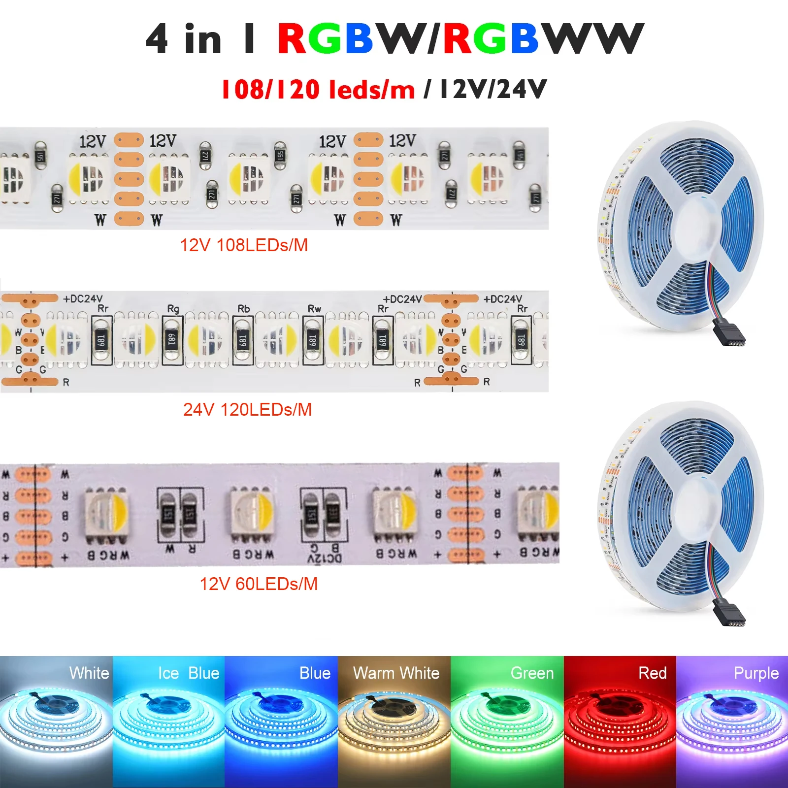5M RGBW RGBWW LED Strip Light 12V 24V 4 Colors In 1 Chip SMD5050 60 108 120LEDs/M Flexible LED Tape Ribbon Rope Light for Decor