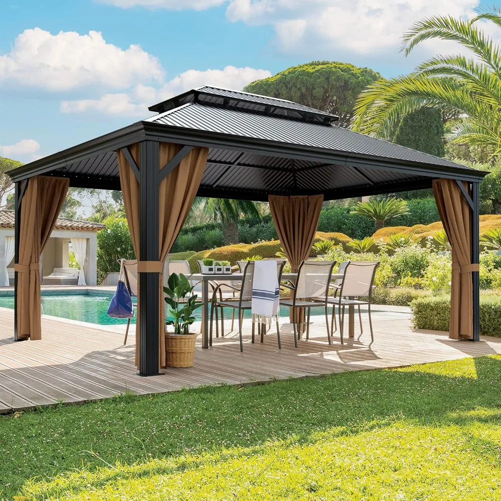 

12' X 16' Gazebo Aluminum Frame Outdoor Gazebos with Privacy Curtains and Gauze Mesh Sunshade Pavilion Double Roof Canopy