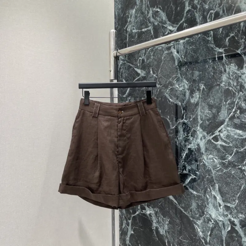 High-waisted Cuffed Shorts, Loose Slimming Linen Casual Pants