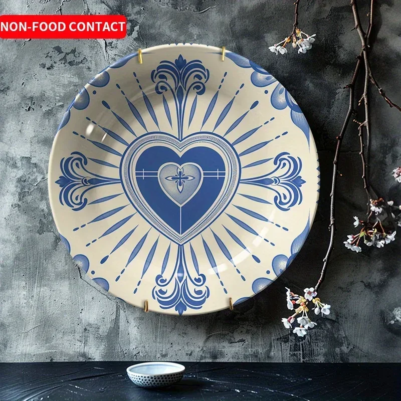 1pcBlue and White Heart with Cross Ceramic Decorative Plate Nordic Home Wall Hanging Ornament Non-Food Contact Simple Art