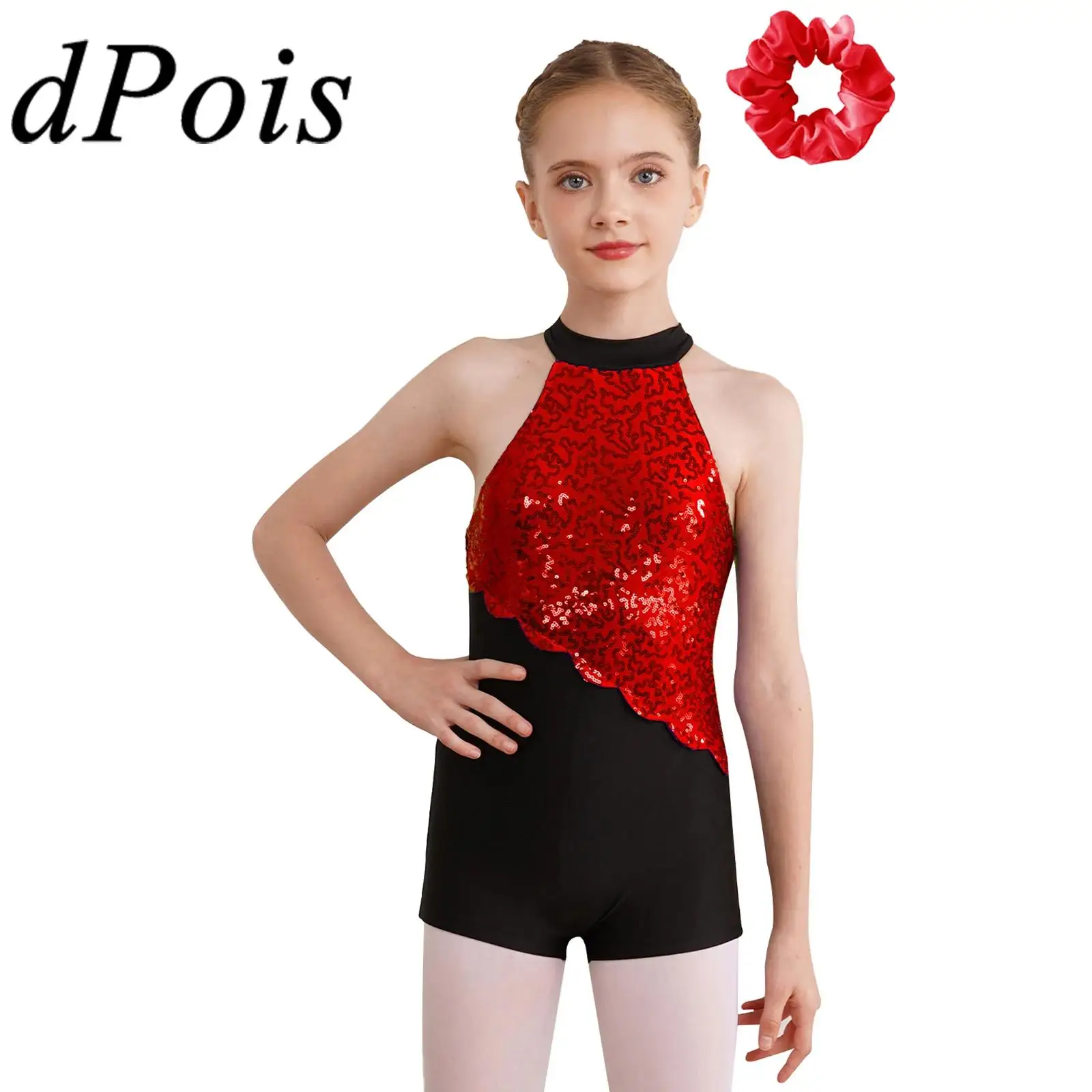 

Kids Girls Sleeveless Shorty Unitard Sequins Bodysuit Patchwork Jazz Latin Ballet Dance Jumpsuit Rhythmic Gymnastics Leotard