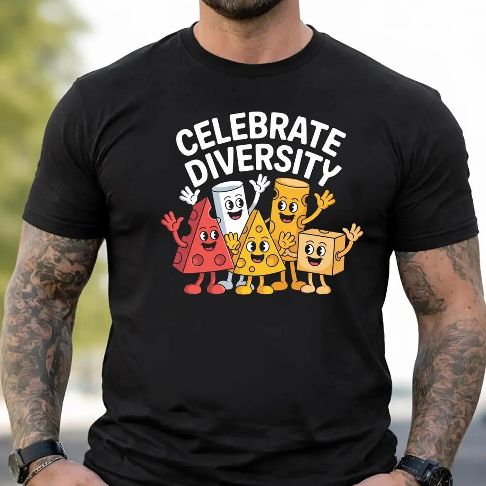 Celebrate Diversity Funny Cheese Lovers T Shirt Cartoon  vintage Washed Slightly Soft homme Versatile designer clothes