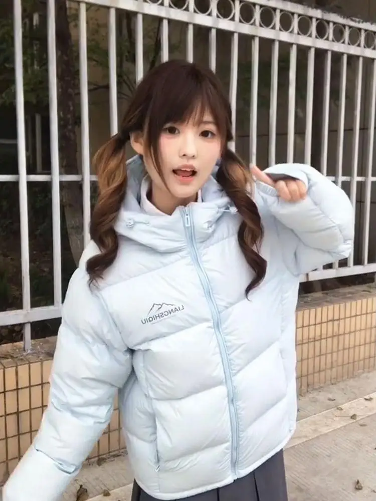 Linda chica dulce tamaño pequeño reducción de edad azul claro con capucha algodón Jaet mujeres estudiantes 2025 invierno Thi abrigo de pan versátil