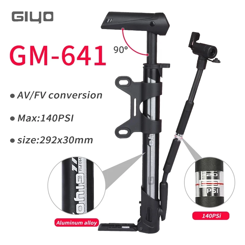 Giyo 120/140psi Floor Standing Bicycle Pump Portable Air Tire Inflator Presta/Schrader Valve Convertable MTB Road Bike Pump