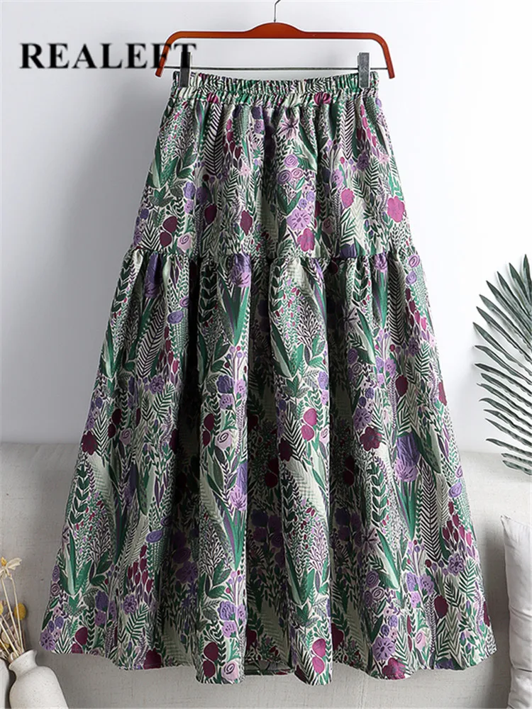 REALEFT 2022 Spring Embroidery Women's A-line Skirts Vintage High Waist Jacquard Mid-length Large Swing Umbrella Skirts Female