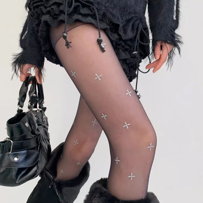 Summer Thin Style Personalized Printed Sexy Translucent Black Stockings Y2k Spicy Girl Pantyhose Women
