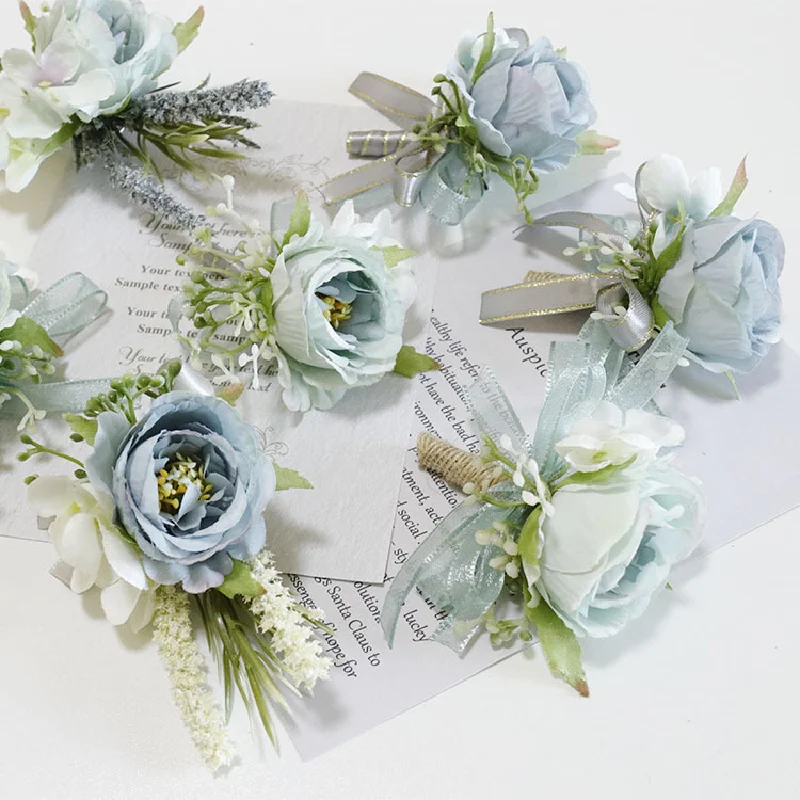 Boutonniere y ramillete de muñeca para Celebración de negocios, suministros de boda, Rosa simulada gris y azul, 287