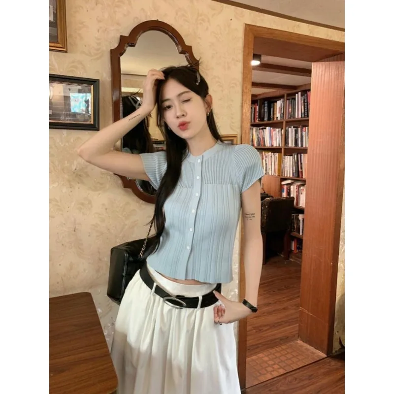 Blue Knitted Square-shoulder Short-sleeved T-shirt Women Summer Hot Girl Short Slim-fit Tight Ice Silk Cardigan High-waisted Top