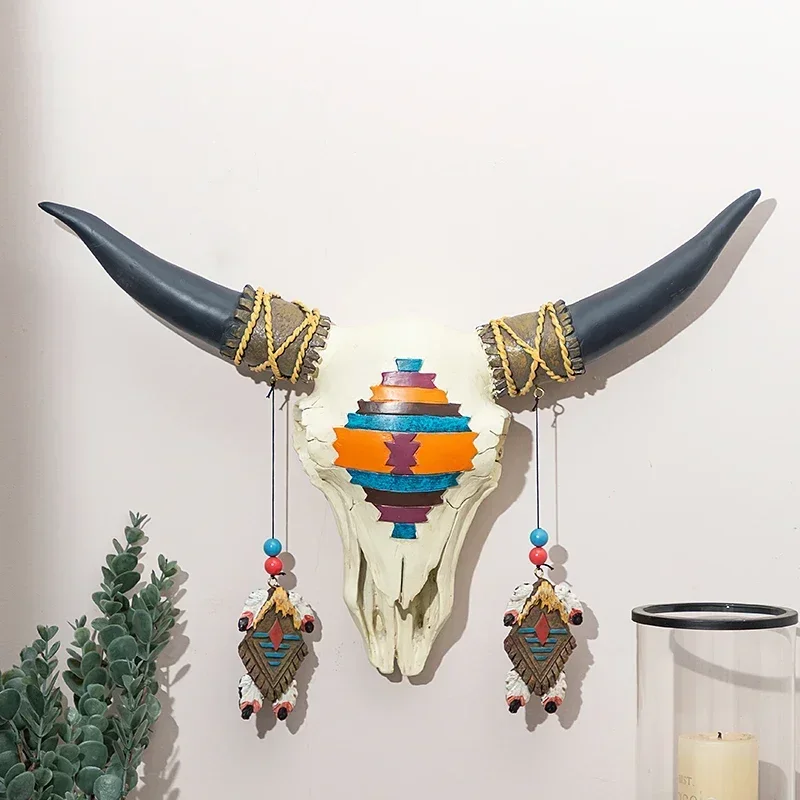 Rustic Bull Head Wall Pendant American Hand-Carved Resin Anti-Corrosion Home Decor Moisture-Proof Decoration Stylish Ornament