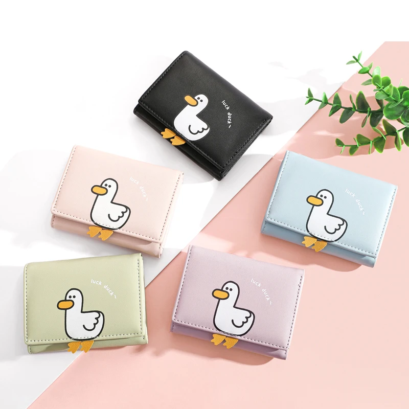 Creatieve Cartoon Luck Duck Design Dames Portemonnee Pu Lederen Bankkaarthouder Kawaii Korte Vouw Portefeuilles Cash Clip Vrouwen Portemonnees