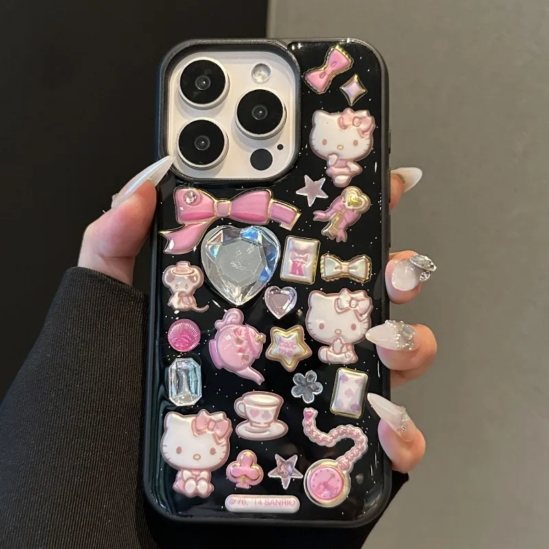 Kawaii Hello Kitty Cartoon DIY Phone Case Suitable for IPhone 15 14 13 11 16ProMax IPhone 15 Pro Girl Anti Drop Transparent Case