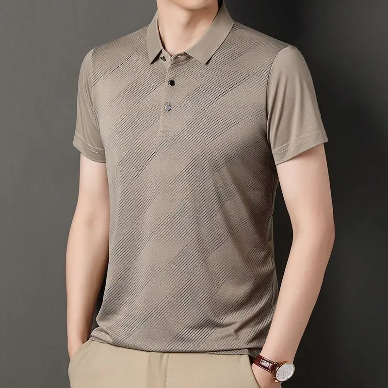 

Ice Silk New Middle Aged Men's Summer T-shirt Lapel POLO Cypress Short Sleeved Casual Top
