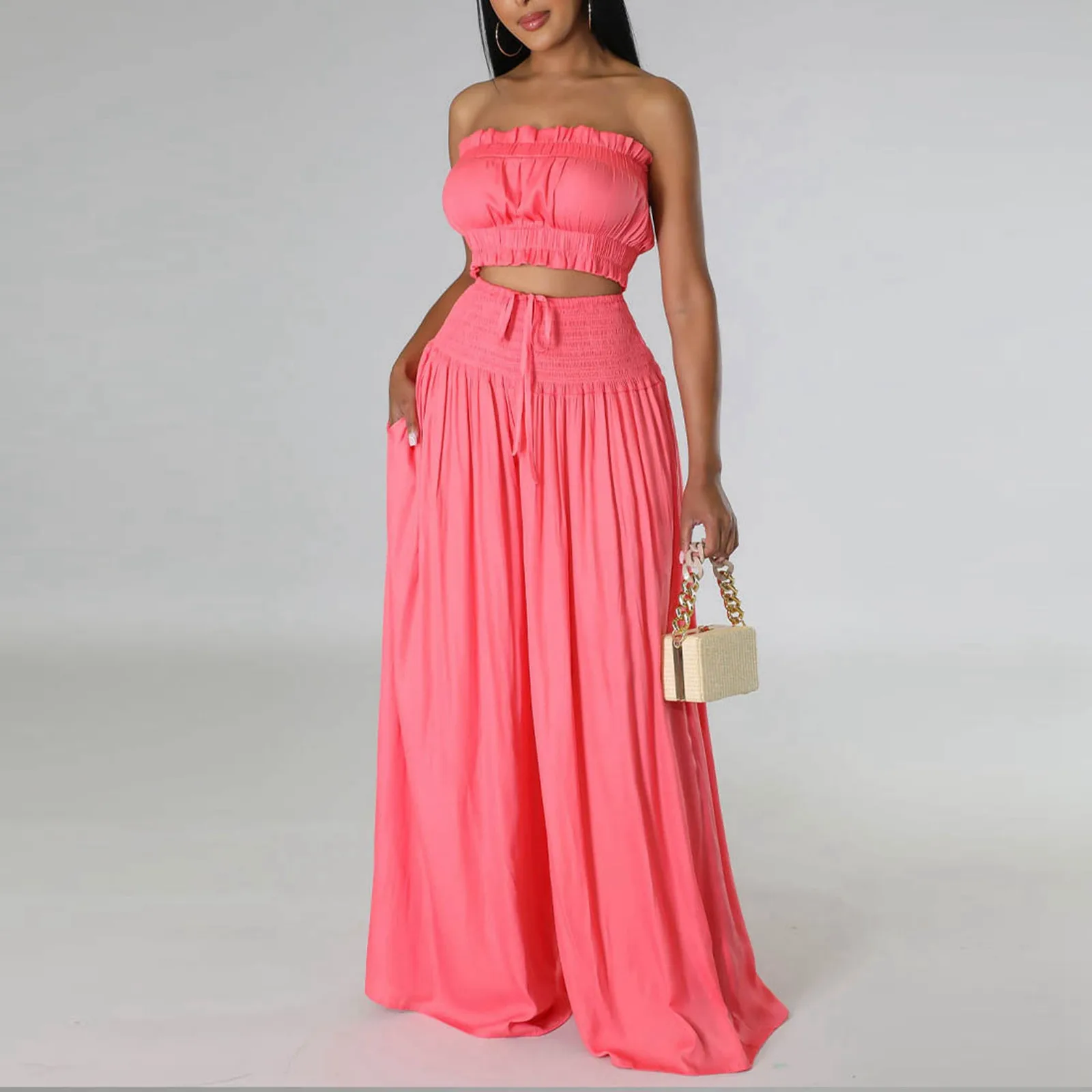 

New Fashion Women Summer Ruffles Dress Set Two Piece Off Shoulder Slash Neck Sleeveless Crop Top Irregular Long Skirt Set