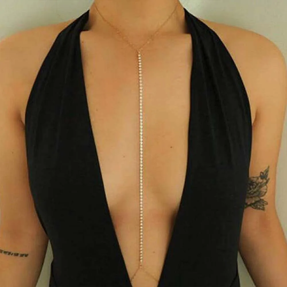 Simple Rhinestone Long Body Chain Necklace Crystal Choker Bikini Bra Jewelry Chest Fashion New Sexy Waist Belly Chain for Women