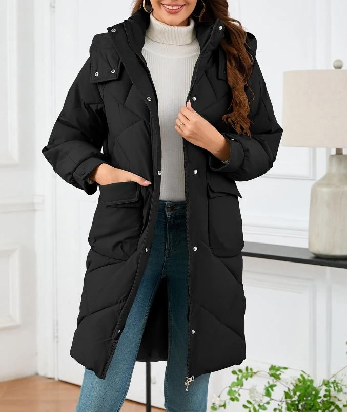 Płaszcz damski 2024 Winter Casual Loose Fit Solid Zipper Design Button Pocket Stand Collar Hooded Long Sleeve Warm Down Coat