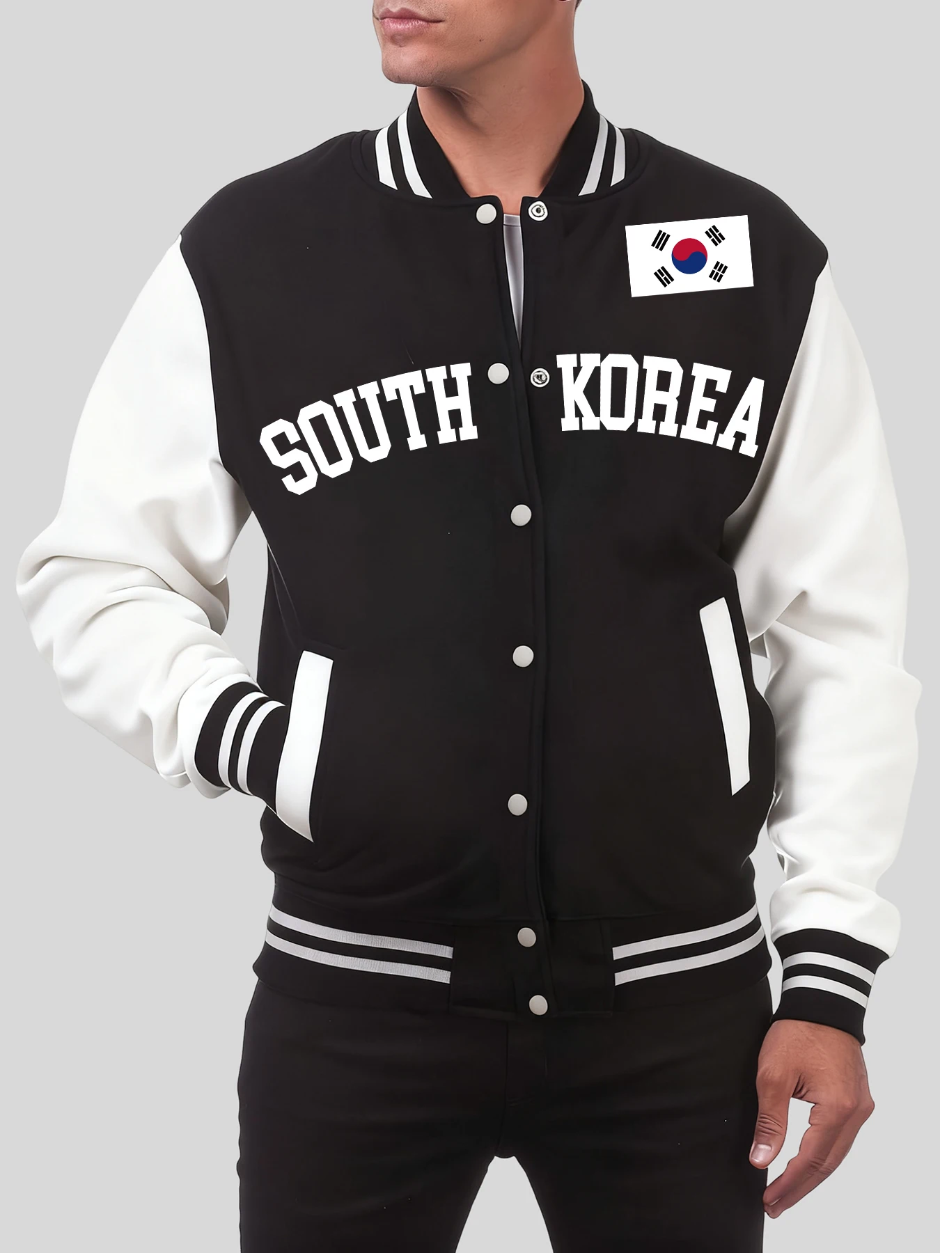 

South Korea Nation Letter Print Jackets Men Casual Pocket Baseball Coat Fashion Loose Top Autumn Soft Street Unisex Clothing