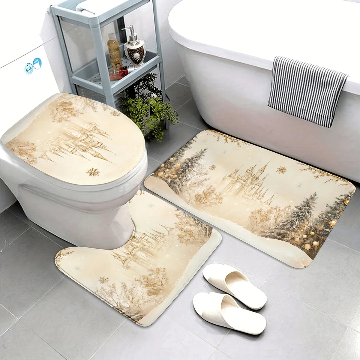 

Набор для ванной комнаты с рождественской елкой, 3 шт., нескользящий коврик из полиэфирной ткани, коврик для унитаза, U-образный коврик, подходит для украшения ванной комнаты