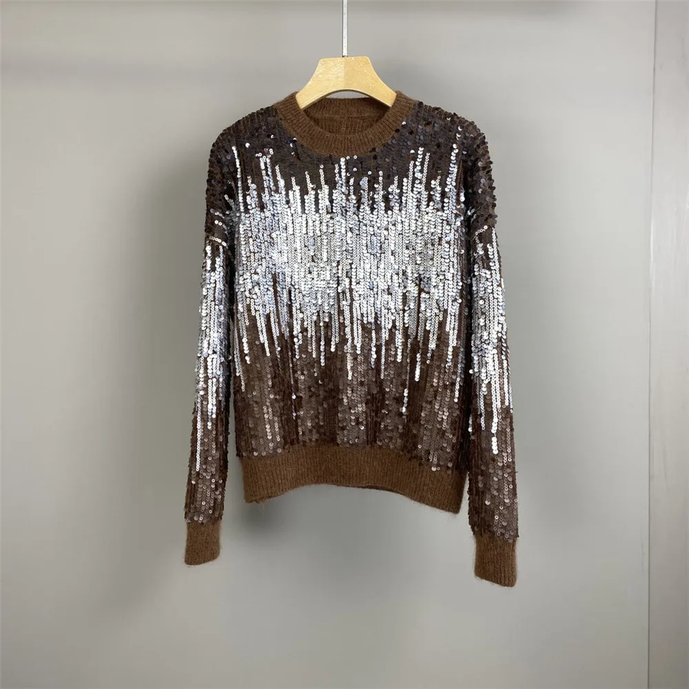 25 الخريف والشتاء جديد الراقية الجودة الصناعة الثقيلة التدرج الترتر الحصان الصوف مزيج بلوزة كاجوال