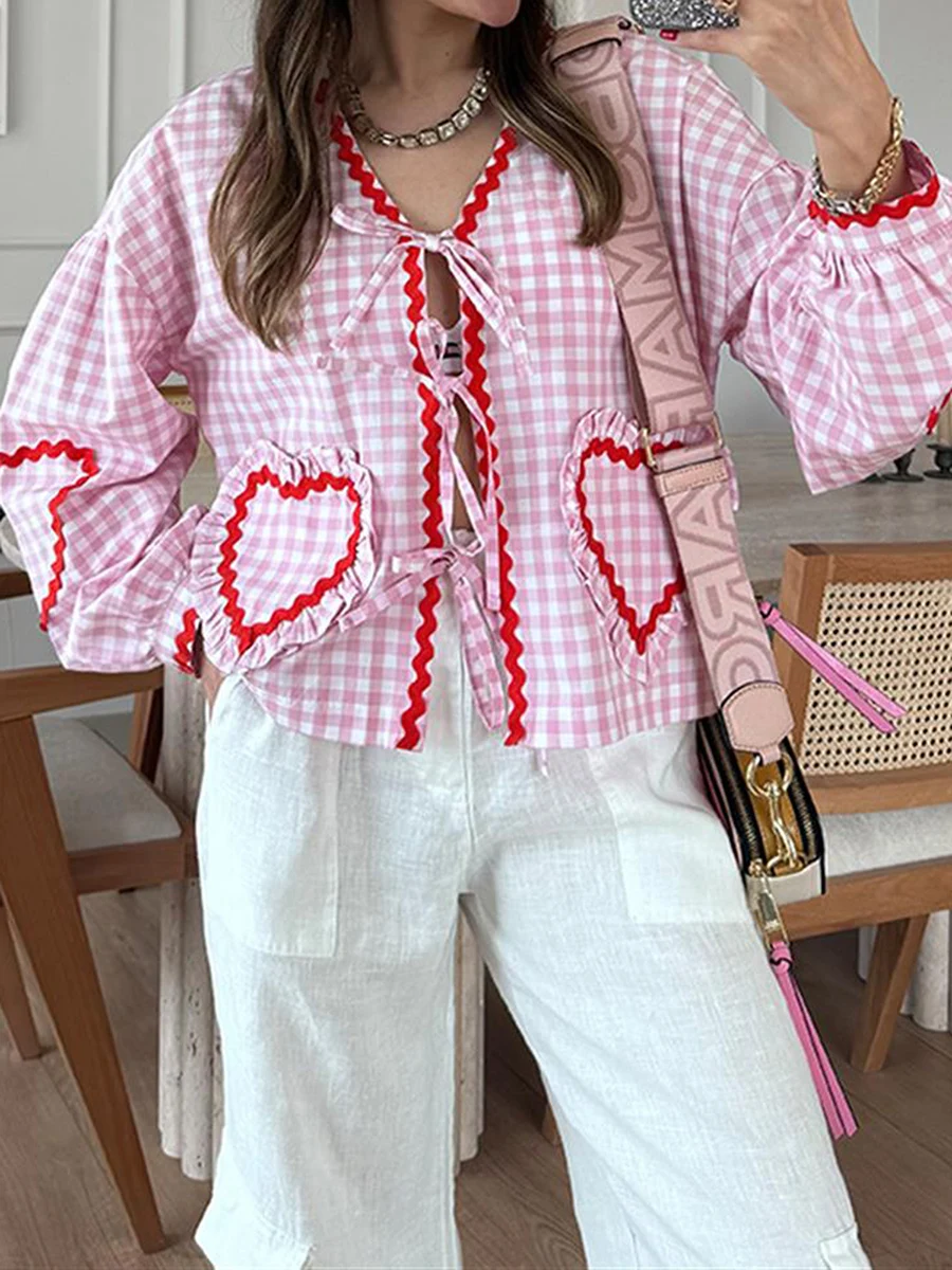 

Women s Plaid Print Shirt Long Sleeve V-Neck Bow Tie-Up Front Ric Rac Trim Loose Blouse