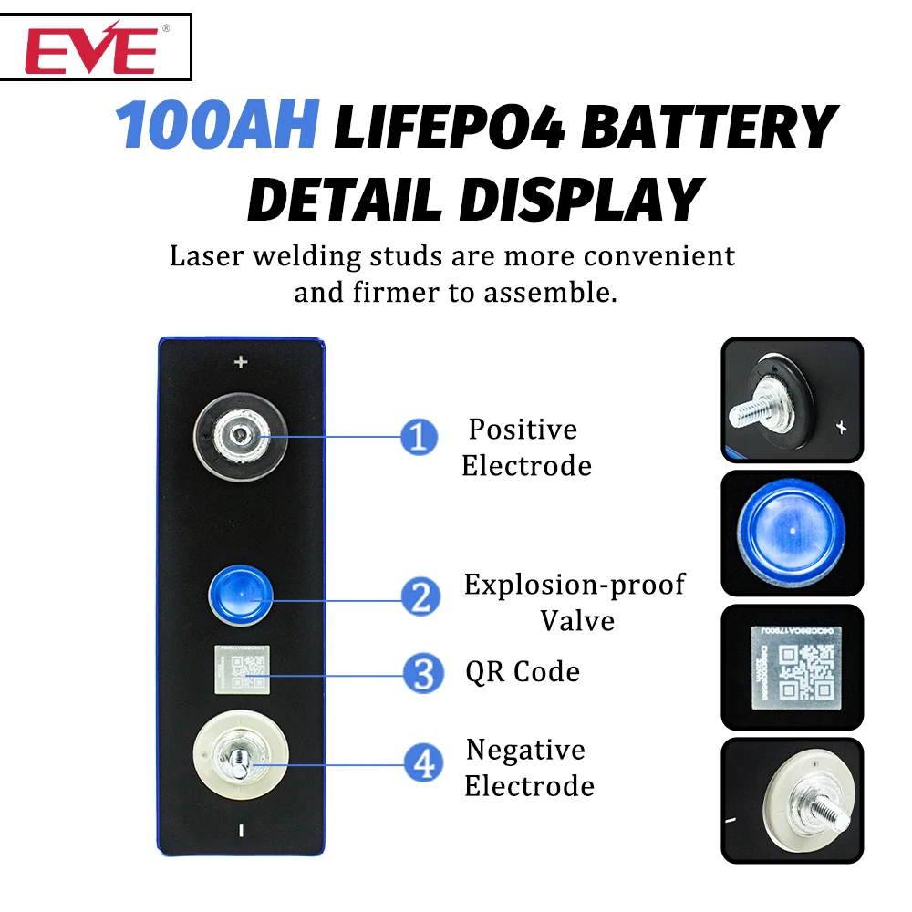 Lifepo4 3.2V 100Ah Rechargeable EVE Original A Grade Cell 4-16PCS For 48V Solar Energy Storage System RV Boat