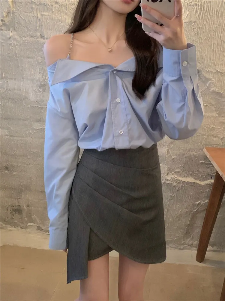 Korean Sle Loose Long Sve Chain irt Unique Chic oulder Bared Women's Top Commute Faion Button Detail Polyester Fiber