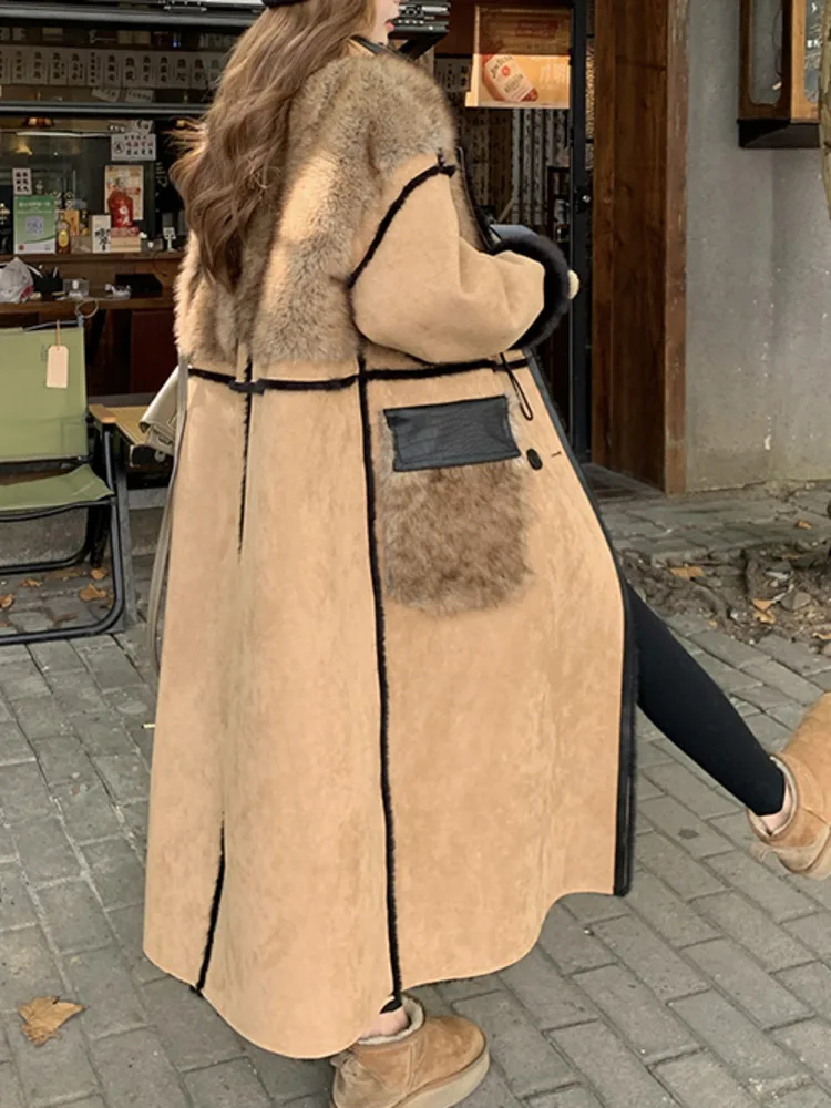 LANMREM Thicken Fur Coat For Women Lapel Double Breasted Long Sleeves Loose Big Size Coats 2024 Winter New Warm Clothes 2DB1692