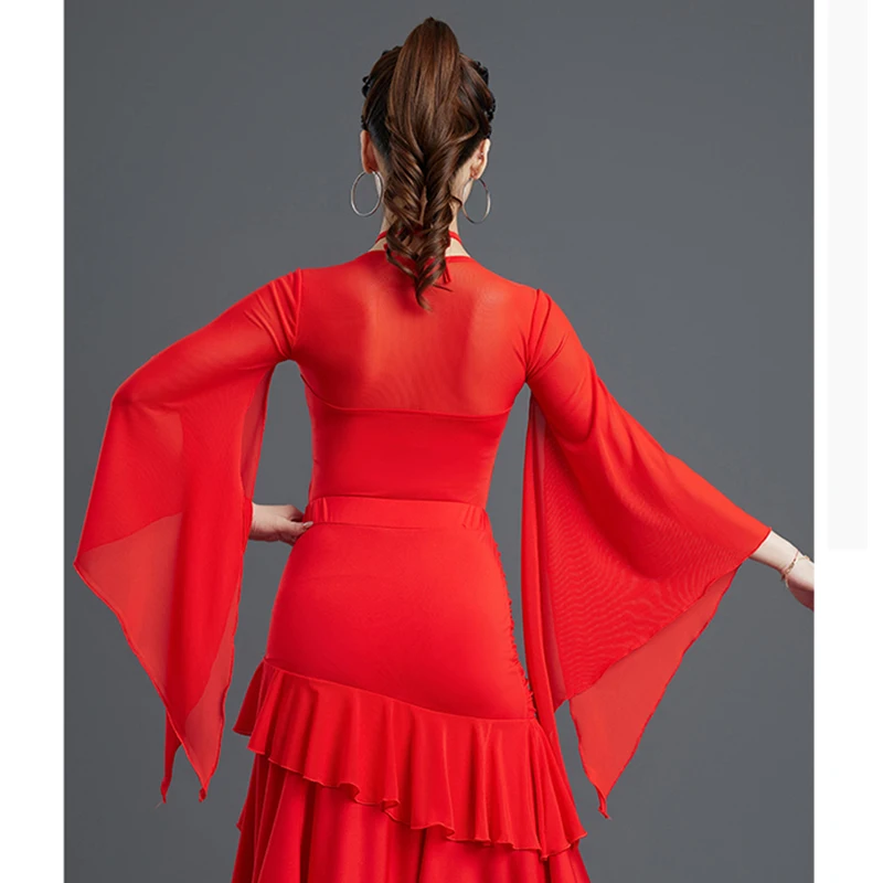 Nuevo traje de entrenamiento de baile latino de vals, mono de manga larga de malla para mujer, Top de práctica de baile de salón para adultos XH2545