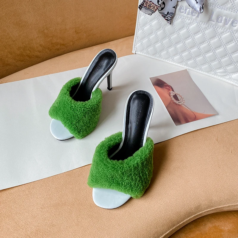 New imported mink fur slippers, hairy shoes, high heels, slim heels, European and American sexy women\'s shoes for parties