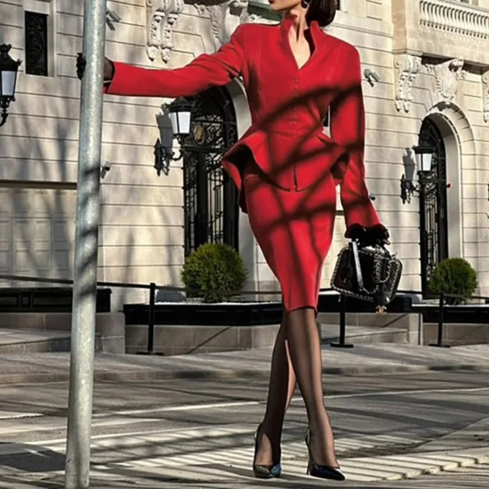 Office Lady 2 Piece Set Women 2025 Autumn Stand Collar Long Sleeve Single Breasted Ruffles Blazer Coat Tops + Mini Skirts Suits