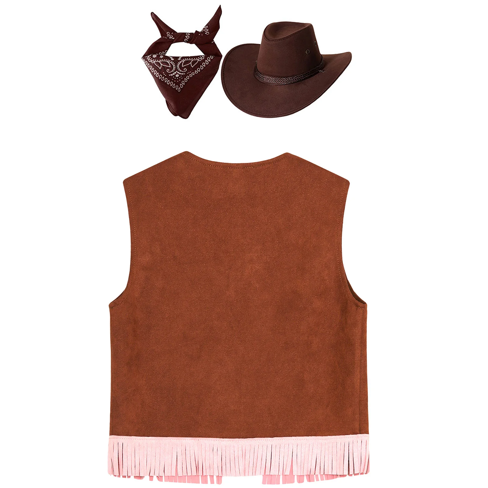 Western Cowgirl Costume Vest for Kids Girls Sleeveless Open Front Fringe Vest with Bandanna Hat Halloween Carnival Fancy Dress