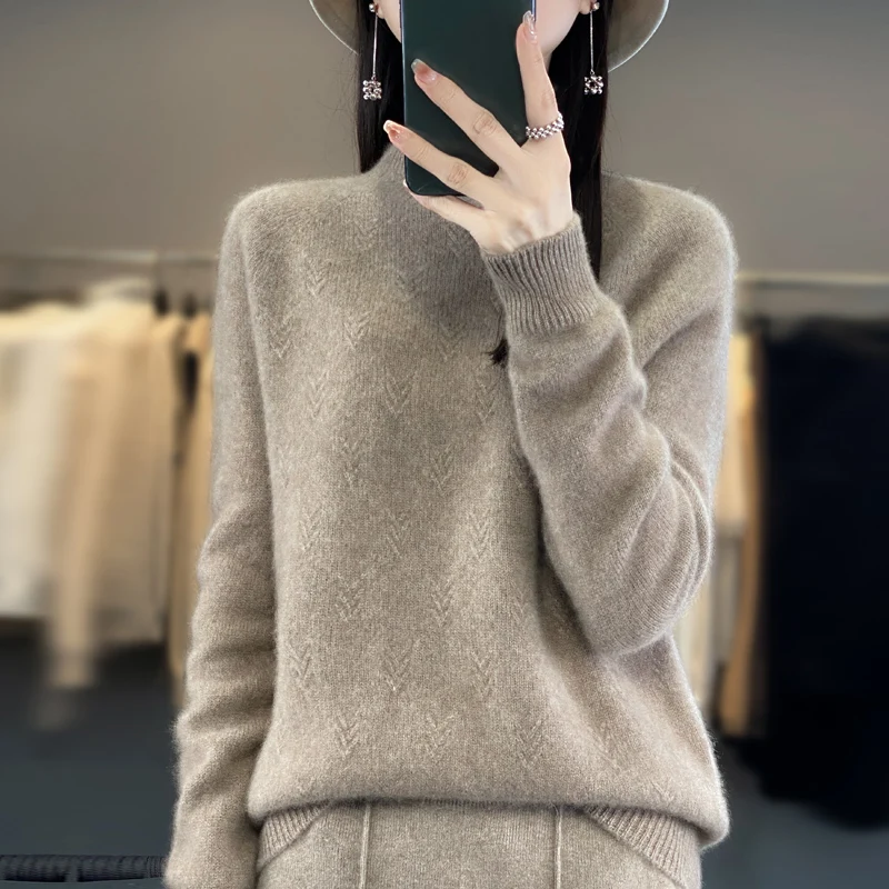 Mock Neck Winter Sweater Women Elegant Fashion Pure Wool Warm Sueter Knit Pullover Loose Tops Casual Jersey Knitwear Jumper New