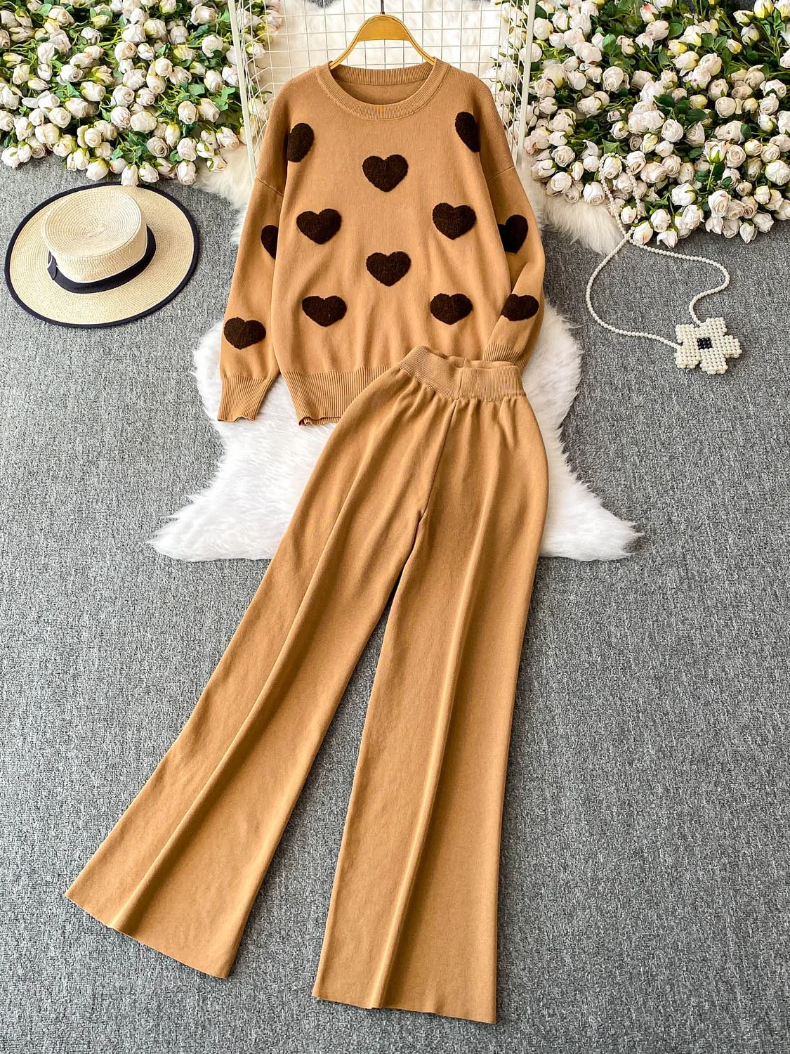 

Faionable Autumn Wear Свободный крой Long Sve круглый трикотажный свитшот и широкие брюки Повседневный комплект из двух предметов Lazy Sle