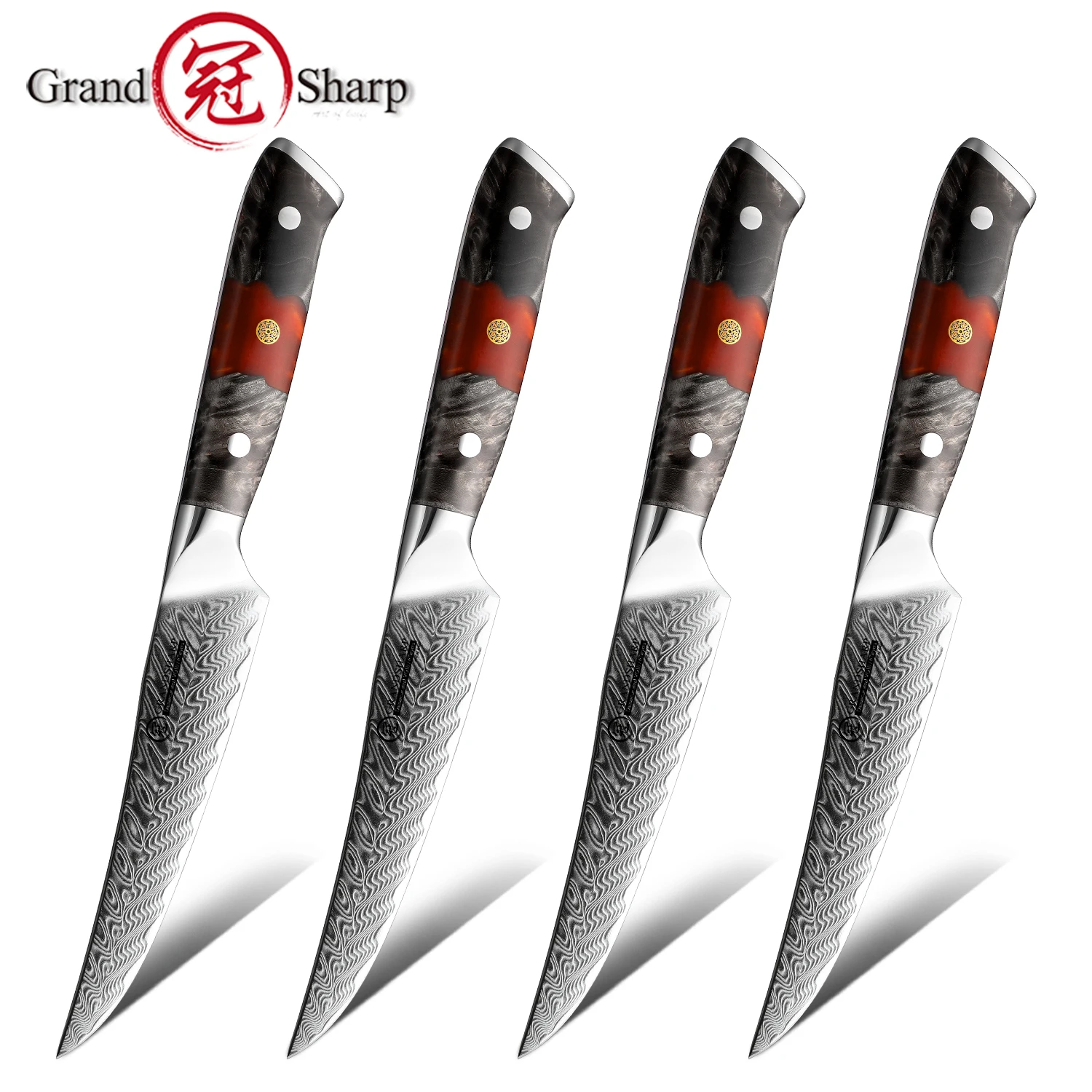 

GRANDSHARP 4 PCS Damascus 5 Inch Steak Knife AUS-10 Steel Dinner Kitchen Knives Meat Food Cutting Cooking Tools with Gift Box