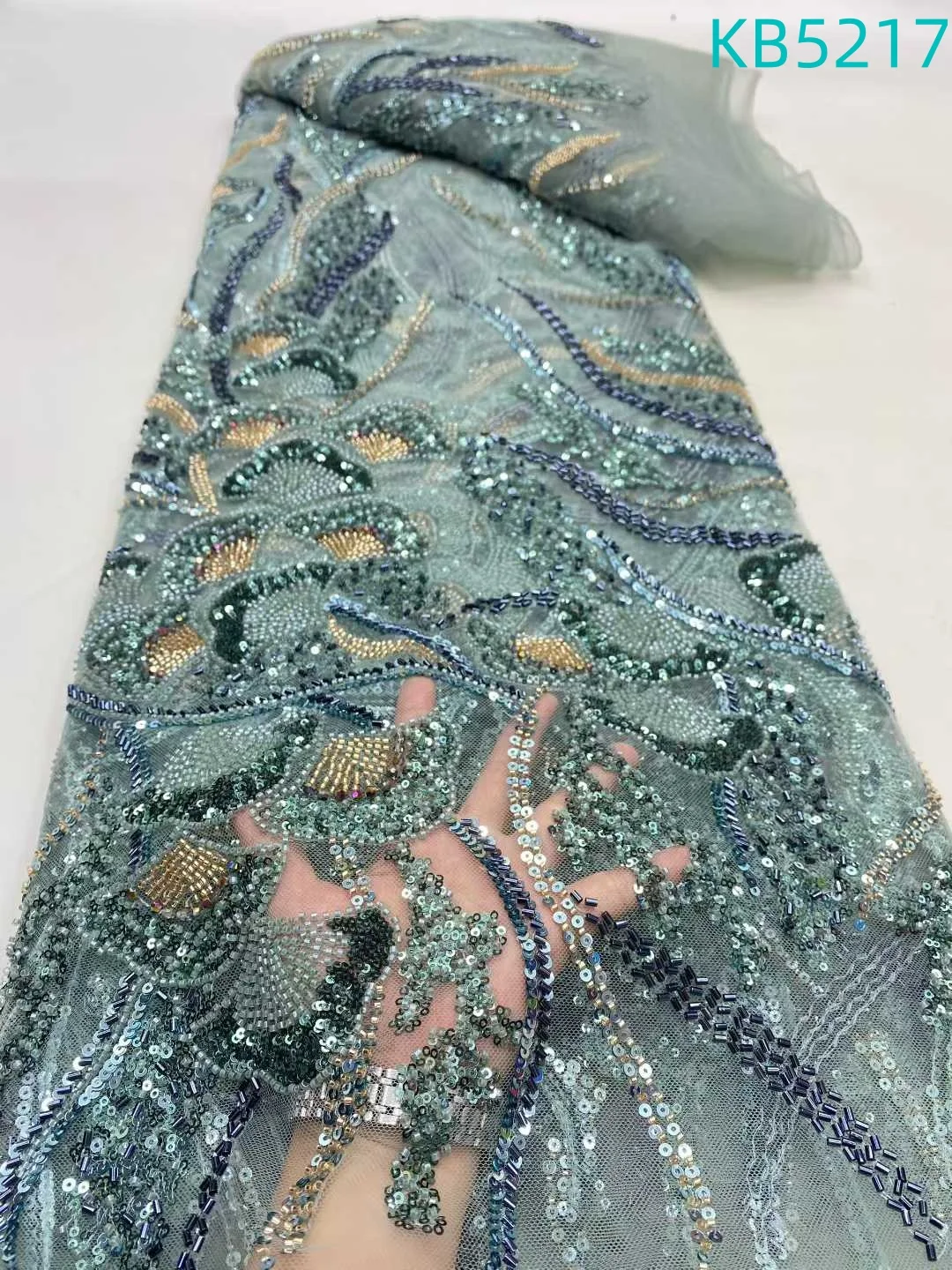 

Green African Sequins Net Lace Fabric High Quality Nigerian Sequins French Tulle Lace Embroidery Lace For Party Dress KB5217