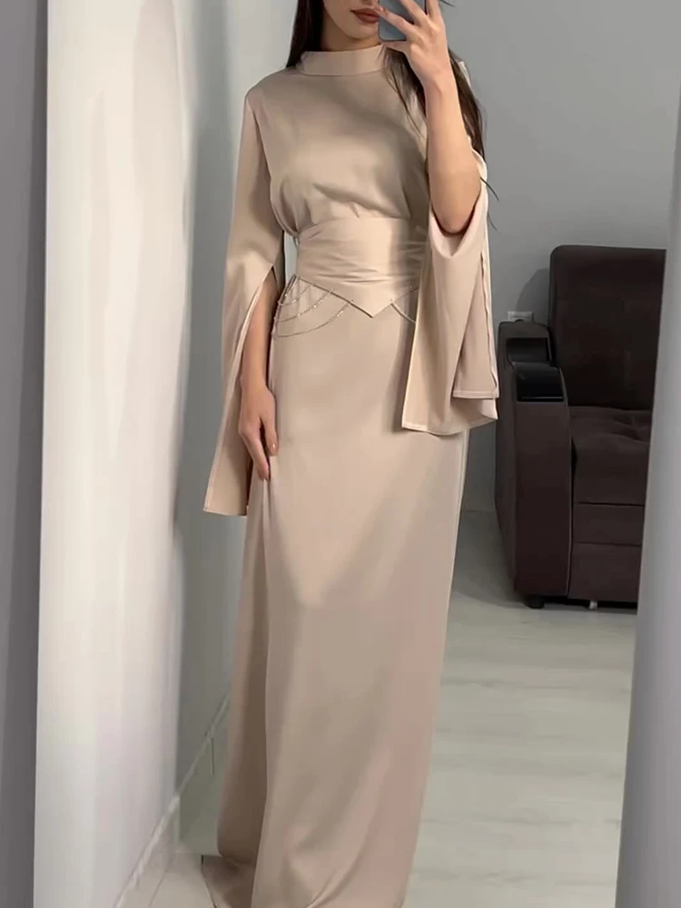 DEAT Elegant Dress Stain Split Long Sleeve Diamond Chain Waist Pleated Women's Evening Party Dresses 2025 Spring New 35Z1523