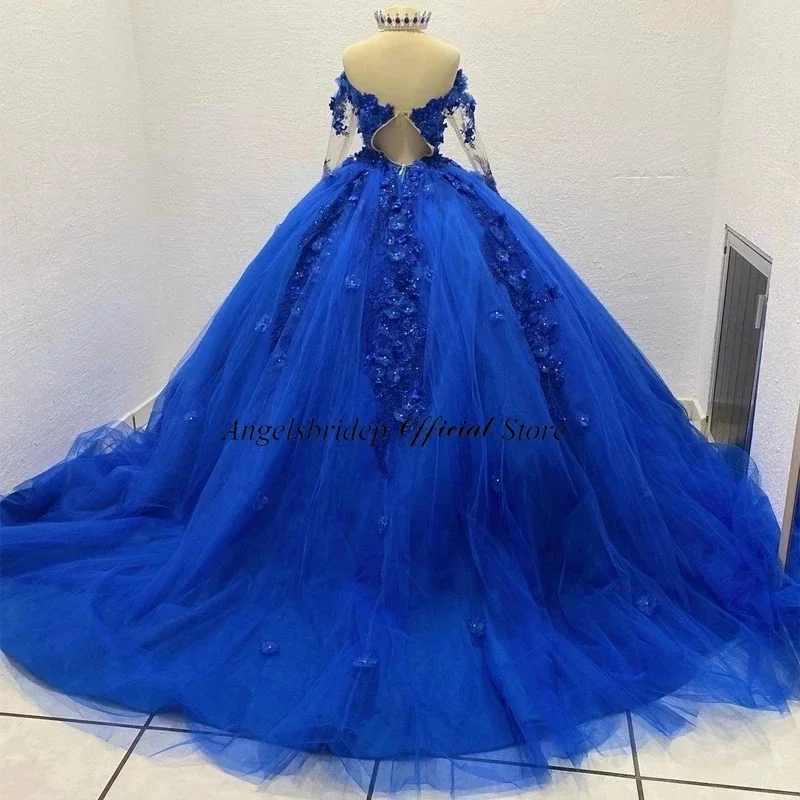 Royal Blue Ball Gown Quinceanera Dresses 3D Flowers Applique Princess Birthday Party Prom Gowns Vestidos De 15 Años