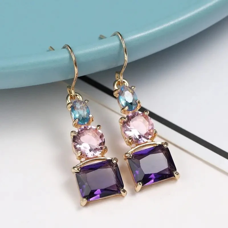 Huitan Blue/Pink/Purple CZ Dangle Earrings for Women New 2023 Colorful Earrings Wedding Party Temperament Lady\'s Ear Jewelry