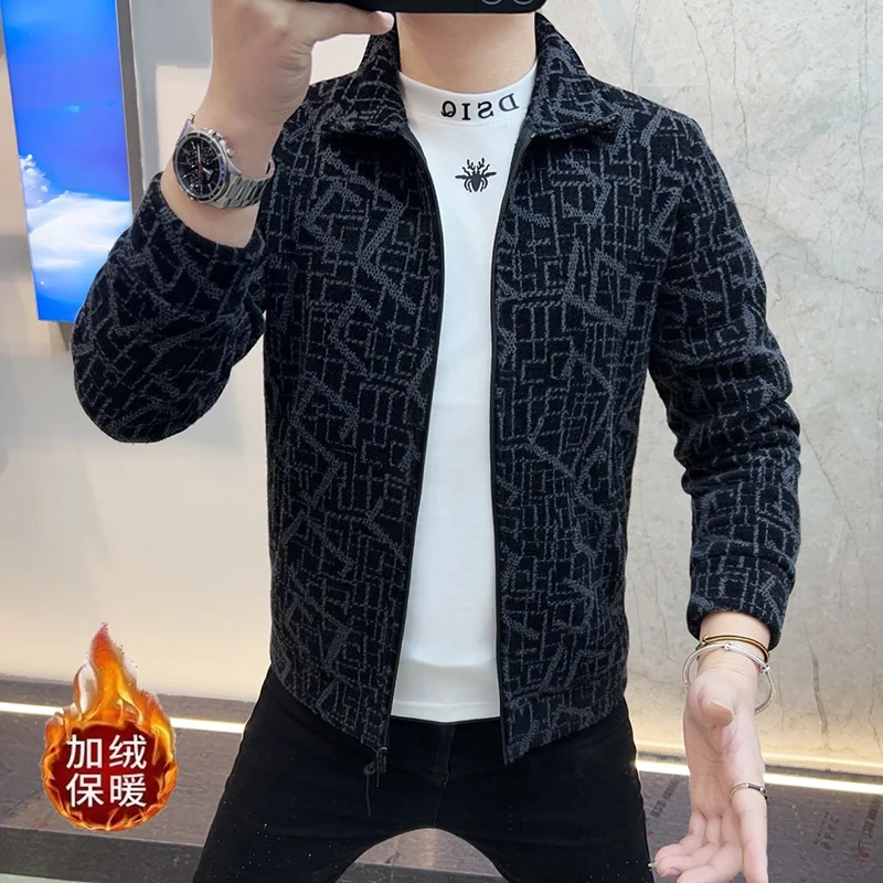 

Зимняя толстая теплая жаккардовая куртка 2024, плюшевые повседневные деловые куртки с откидным воротником, универсальные уличные пальто в социальном стиле M-5XL