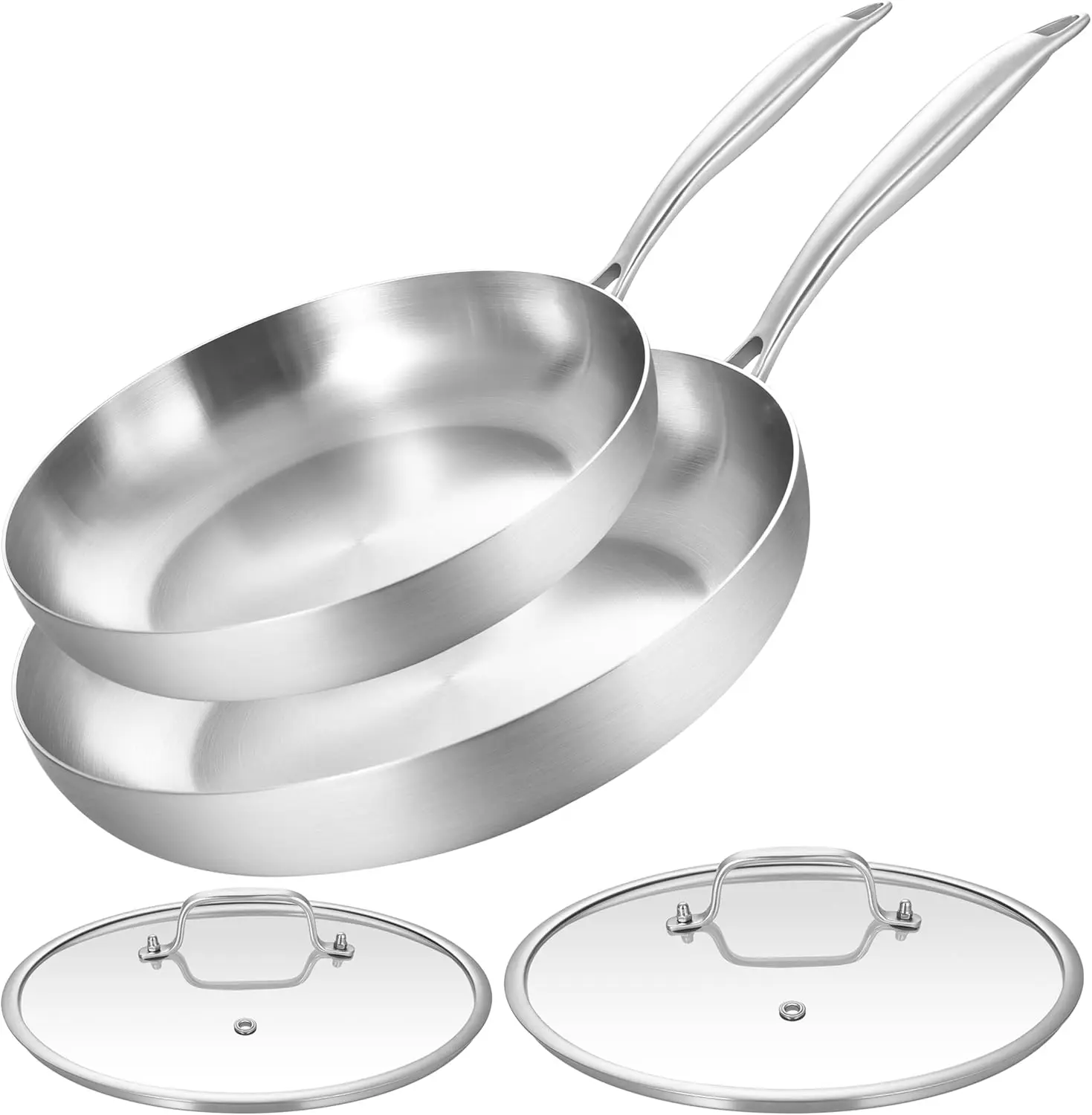 

Three-Piece Stainless Steel Frying Pan Set (includes lid and skillet), suitable for induction cooktops, dishwasher safe