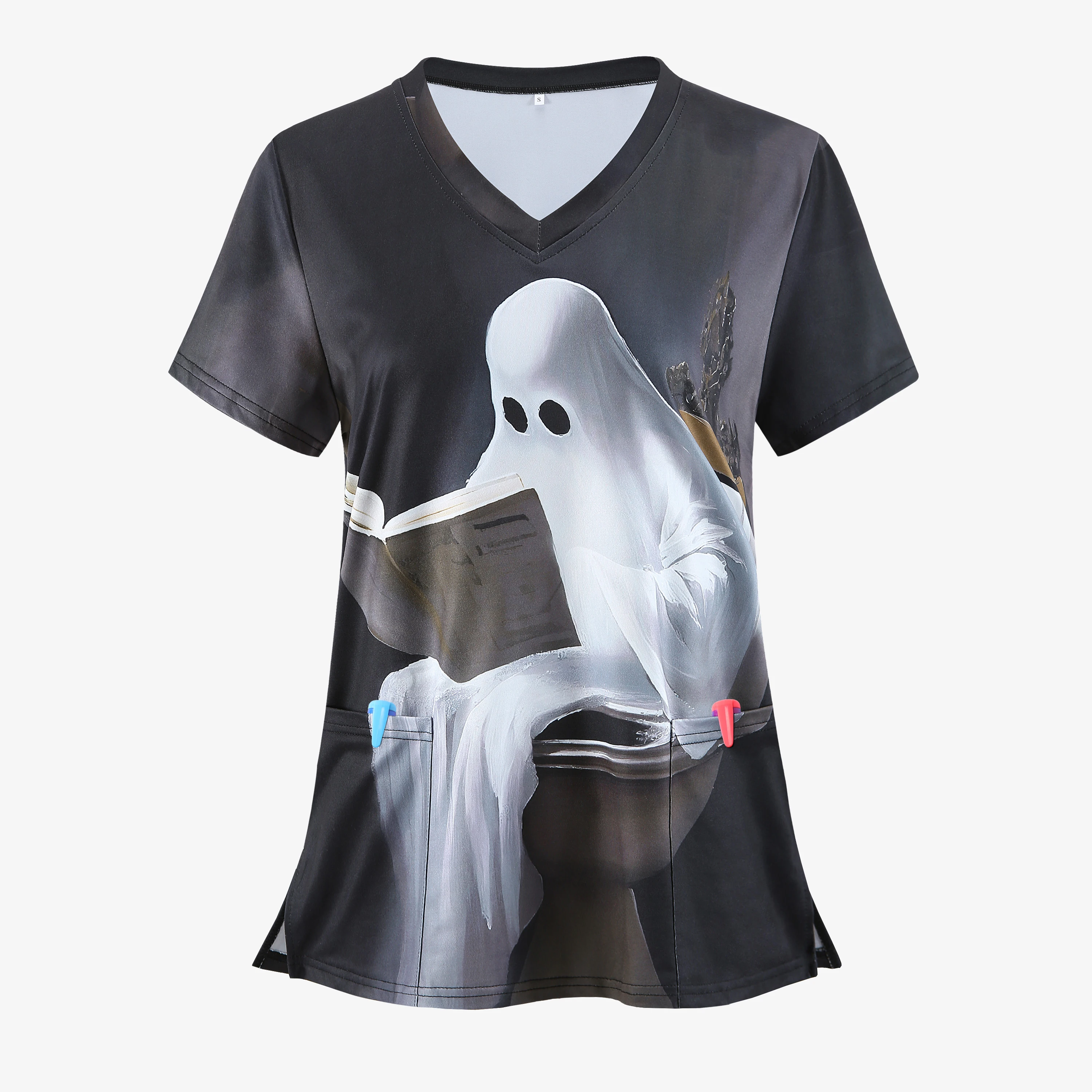 Halloween Toilet Ghost Print V-Neck Nurse T-Shirt With Pocket - Stretchy Blend, Short Sleeve, Fashionable Workwear For Women