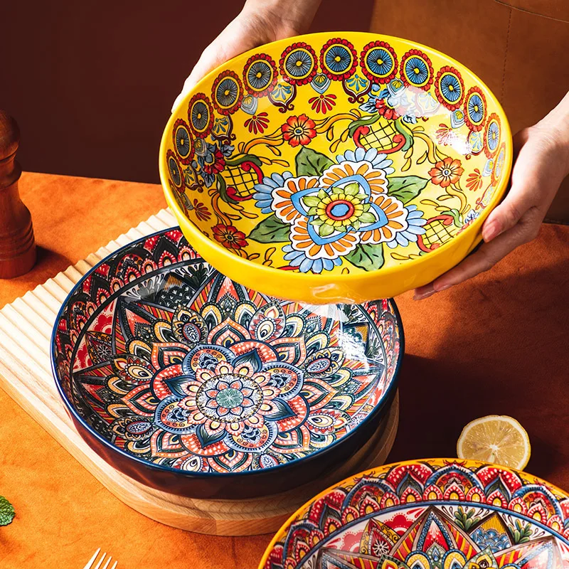 Bohemian Style 10inch Ceramic Large Soup Bowl Noodle Bowl Fruit Salad Container Plate Large Capacity Salad Bowl Kitchen Supplies