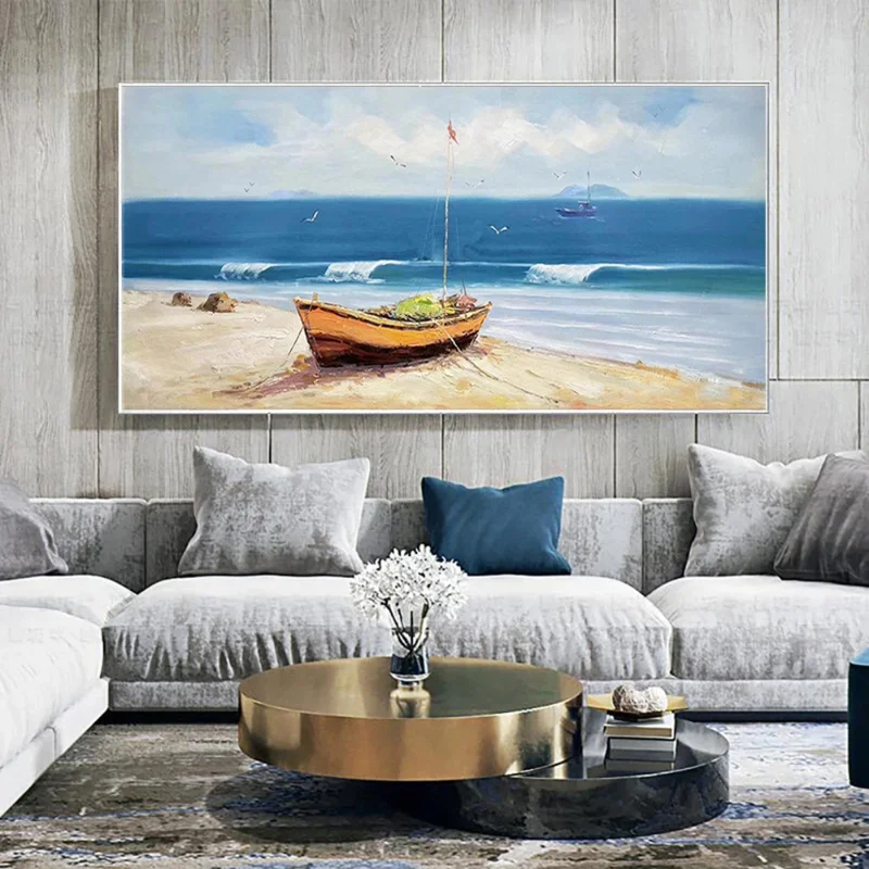 

Handmade Boat Oil Painting on Canvas, Large Sand Landscape Oil Painting, Hand Painted, Wall Art, Living Room Bedroom Decoration