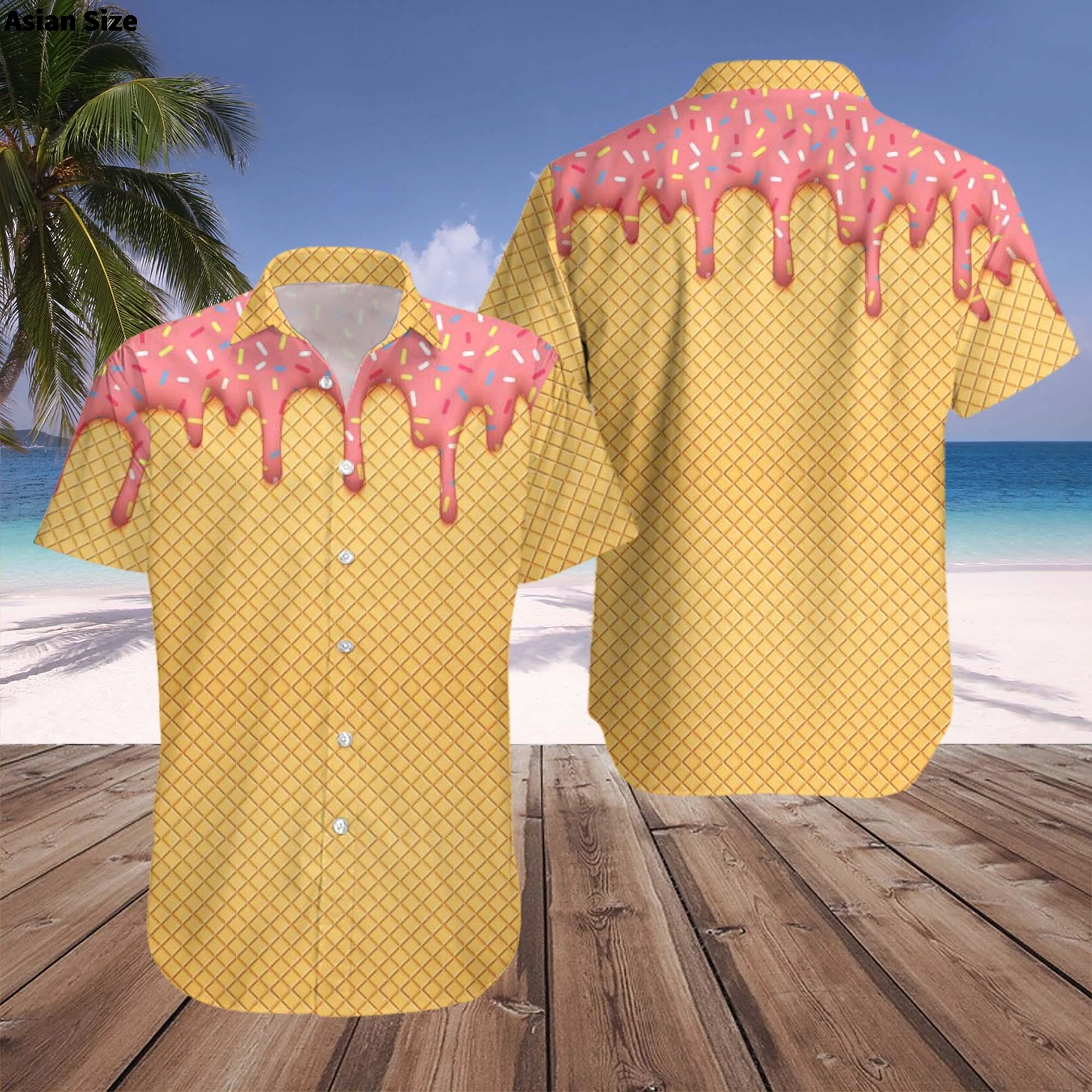Hawaii Unisex Shirt with 3D Printing Fun Ice Cream Tray Short Sleeved Loose Beach Top with Lapel and Aloha Style Vacation