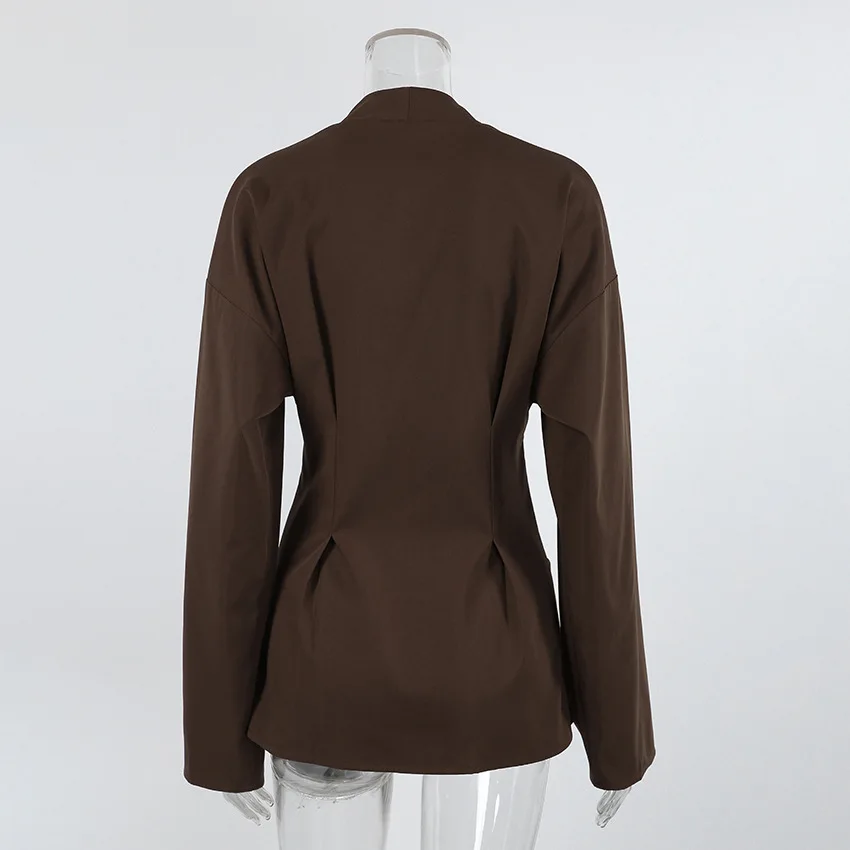 بلوزة خريف 2026 جديدة أنيقة مدببة الخصر على شكل حرف v للنساء للتنقل بأكمام طويلة متينة ملابس مرقعة قمصان نسائية