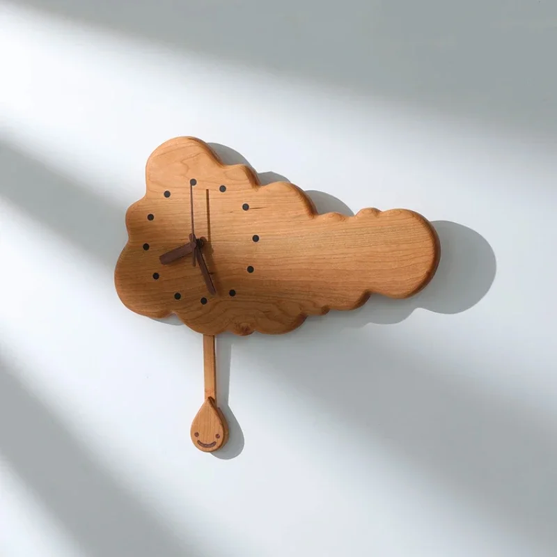 

Living Room Cloud-shaped Wooden Wall Clock Cherry Wood Silent Pendulum Bell Japanese-style Cute Children's Room Clock