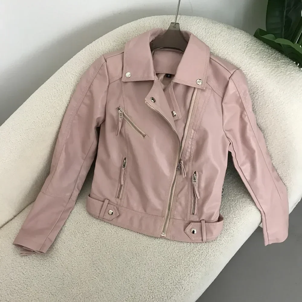 Donna 2025 Colletto rovesciato Autunno Pu Giacca in ecopelle Cappotto morbido con cerniera per moto Cappotti da motociclista slim femminili Basic Streetwear